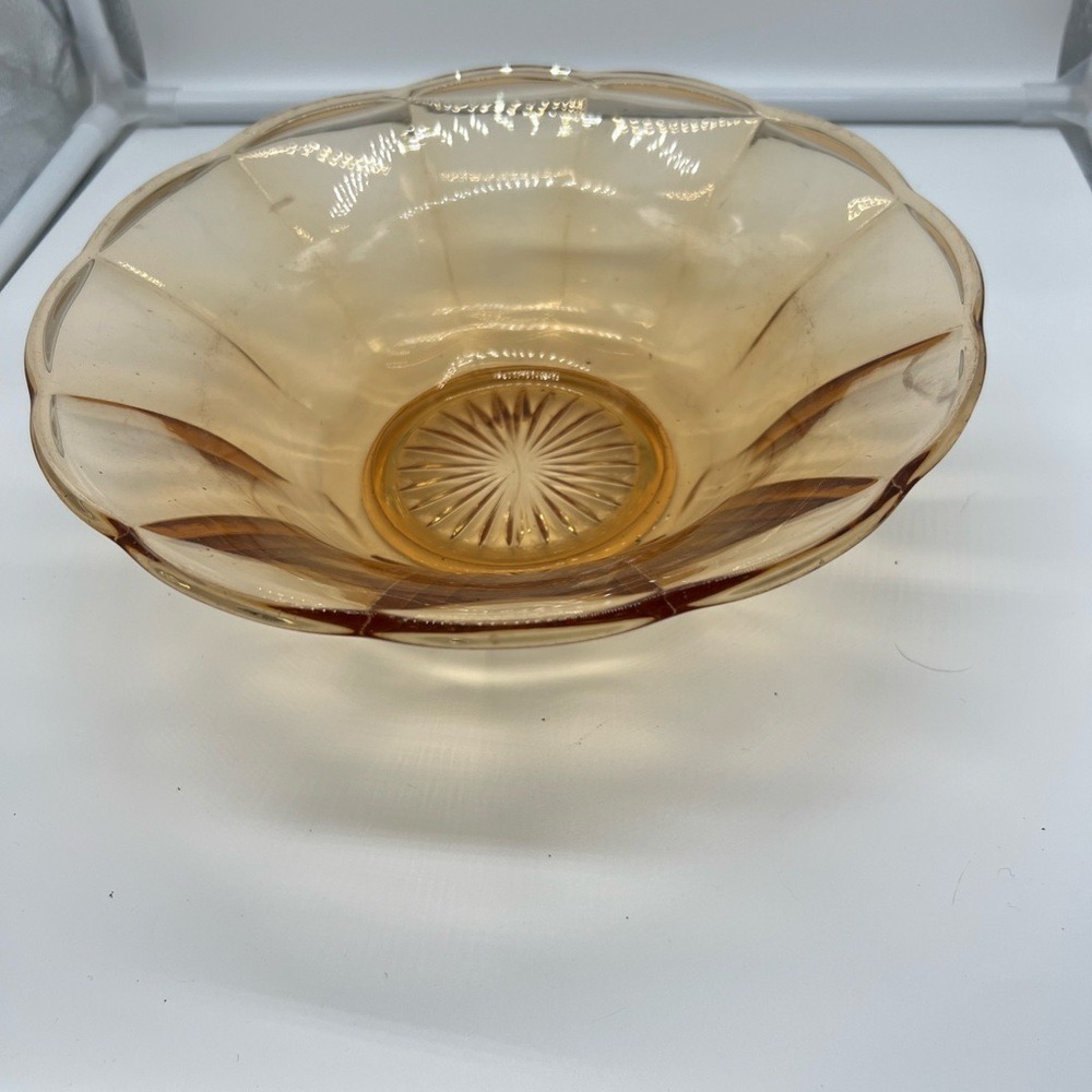 Vintage Marigold Carnival Glass Bowl Iridescent Amber Orange Scalloped Edge Art